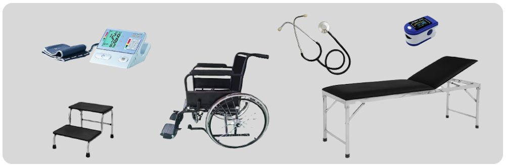 Tomador de presión, escabel de dos peldaños, silla de ruedas, fonendoscopio, oxímetro y camilla clínica.